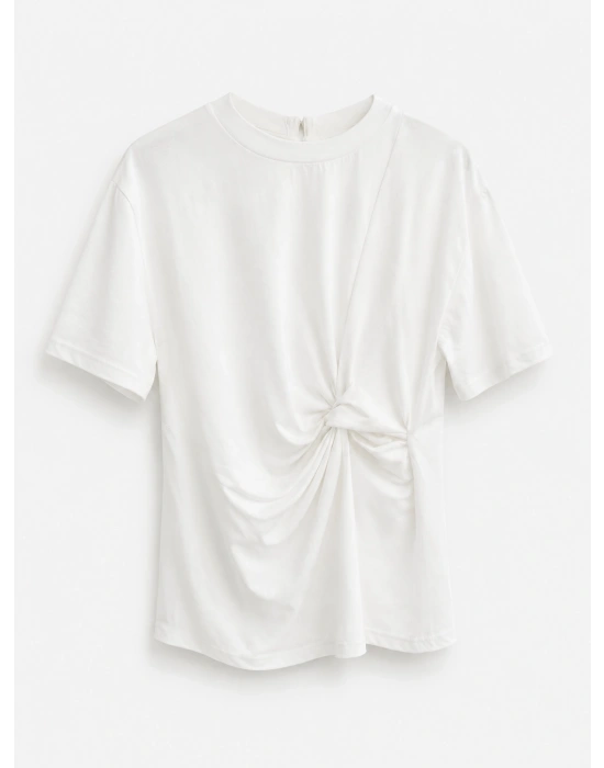 Ekru Bisiklet Yaka Yandan Büzgülü T-shirt