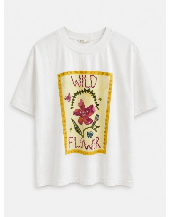 Ekru Sarı Flower Yazı Detaylı T-shirt