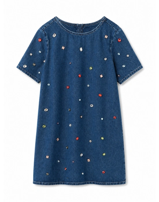 Taş Detaylı Mini Denim Elbise