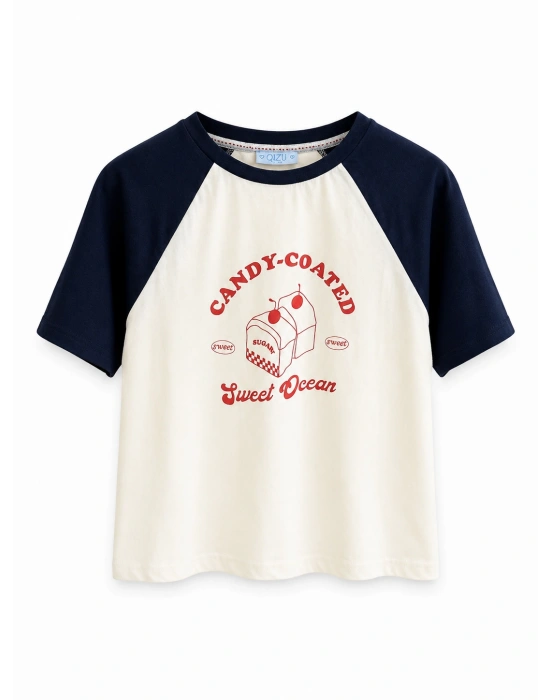 Bej Lacivert Yazı Detaylı T-shirt