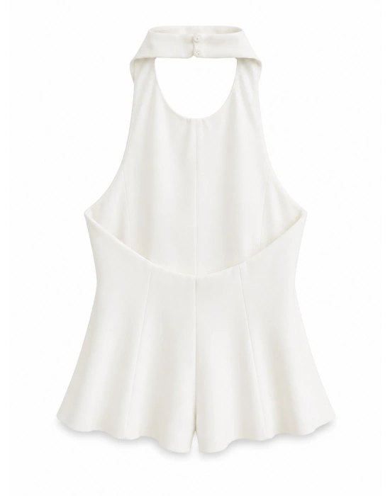 Beyaz Boyundan Bağlama Peplum Bluz