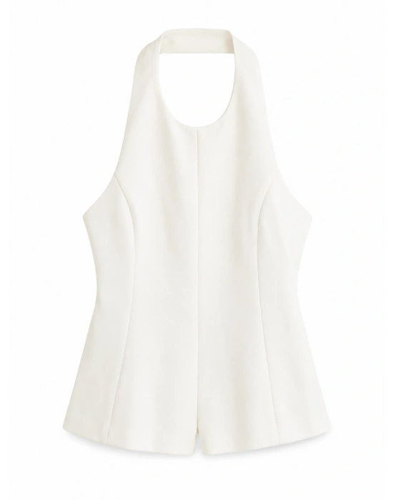 Beyaz Boyundan Bağlama Peplum Bluz