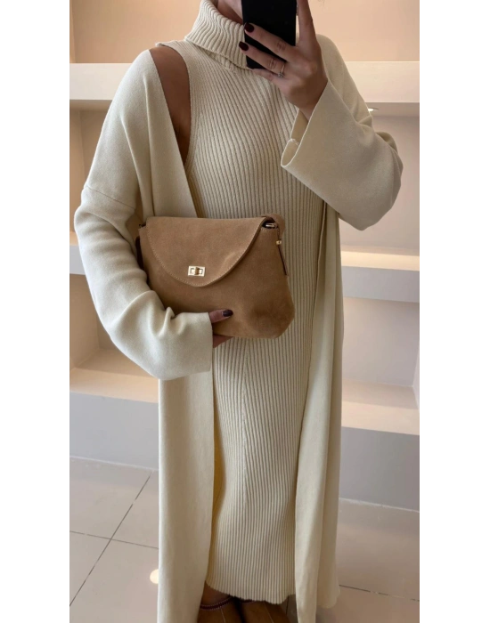 Ekru Fitilli Balıkçı Elbise Hırka Takım