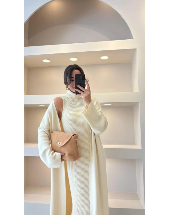 Ekru Fitilli Balıkçı Elbise Hırka Takım