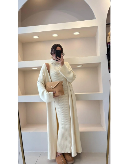 Ekru Fitilli Balıkçı Elbise Hırka Takım