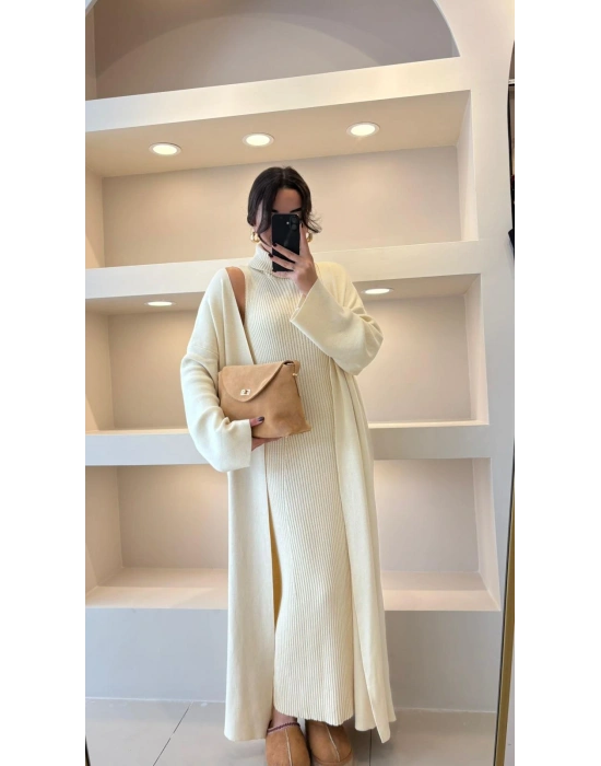 Ekru Fitilli Balıkçı Elbise Hırka Takım