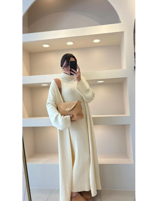 Ekru Fitilli Balıkçı Elbise Hırka Takım