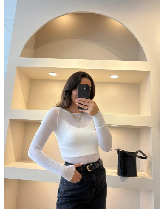 Ekru Kayık Yaka Kaşmir Bluz