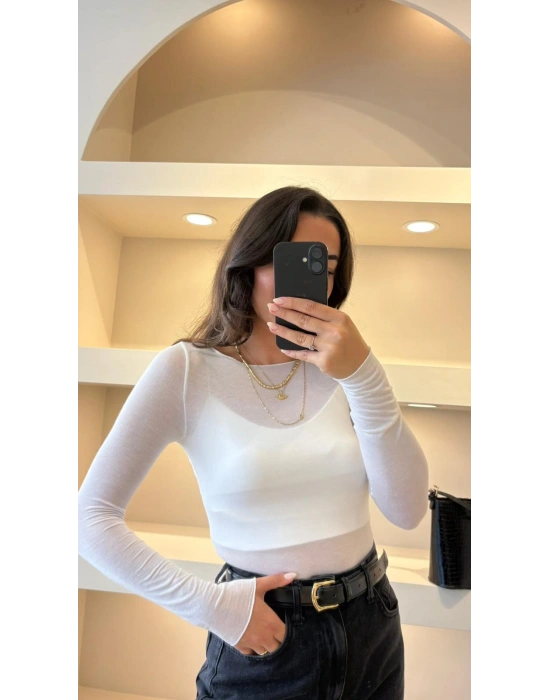 Ekru Kayık Yaka Kaşmir Bluz