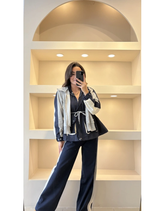 Lacivert Garnili Kapüşonlu Tasarım Takım