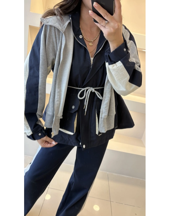 Lacivert Garnili Kapüşonlu Tasarım Takım