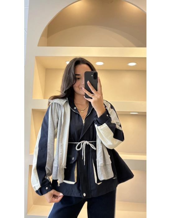 Lacivert Garnili Kapüşonlu Tasarım Takım