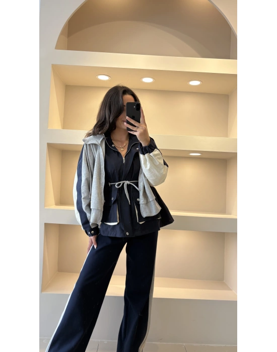 Lacivert Garnili Kapüşonlu Tasarım Takım