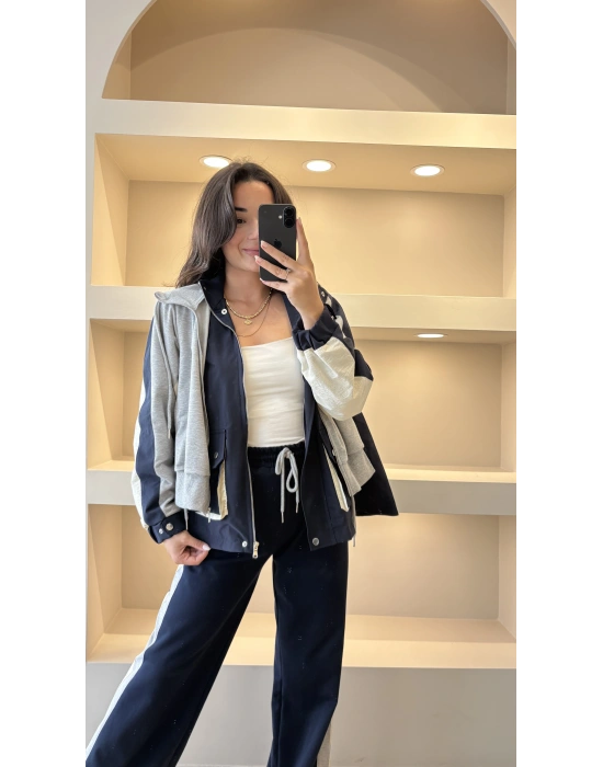 Lacivert Garnili Kapüşonlu Tasarım Takım