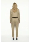 Dik Yaka Bomber Ceketli Biye Kemer Detaylı Bej Takım