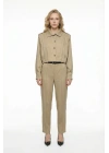 Dik Yaka Bomber Ceketli Biye Kemer Detaylı Bej Takım