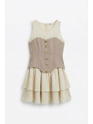 Korse Gold Düğme Detaylı Matchli Elbise Bej