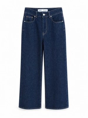 Yüksek Bel Yıkamalı Lacivert Wide Leg Jean