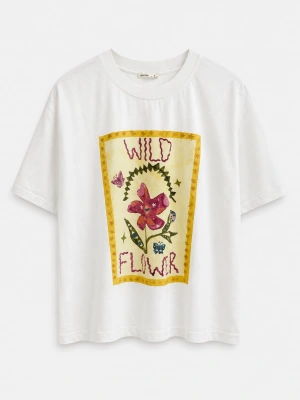 Ekru Sarı Flower Yazı Detaylı T-shirt