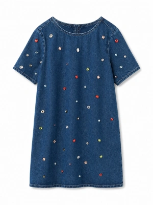 Taş Detaylı Mini Denim Elbise