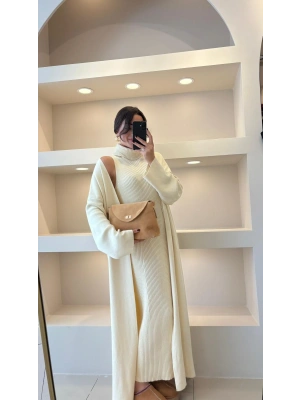 Ekru Fitilli Balıkçı Elbise Hırka Takım