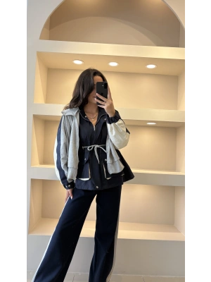 Lacivert Garnili Kapüşonlu Tasarım Takım