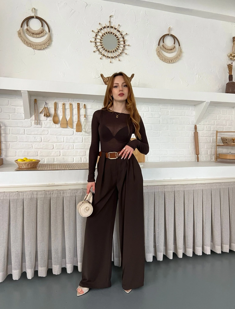 Pile Detaylı Kemerli Bol Paça Pantolon Acı Kahve