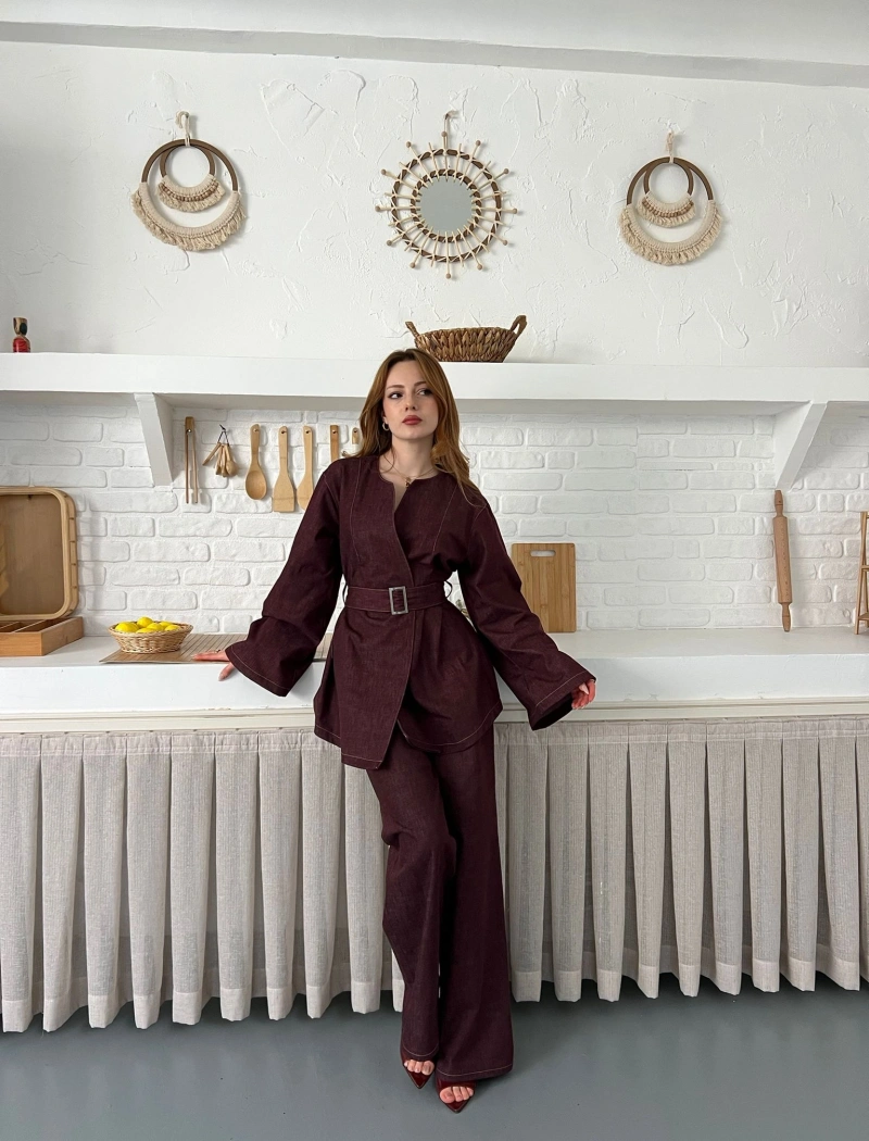 Hakim Yaka Modern Kesim Denim Takım Bordo