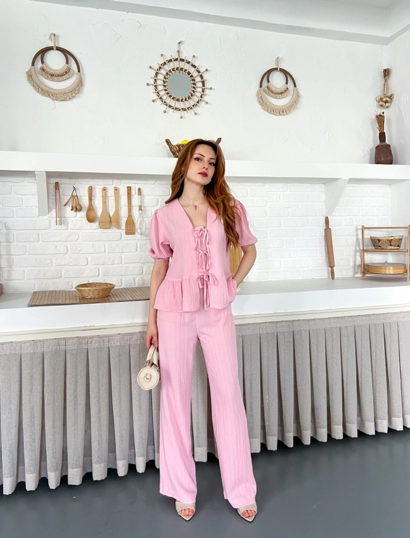Çilek Kumaş Önden Bağlamalı Takım Pembe