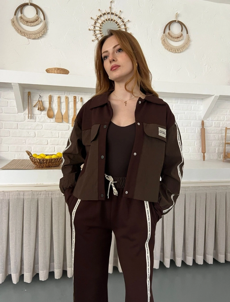 Şerit Detay Spor Modal Vintage Takım Kahve