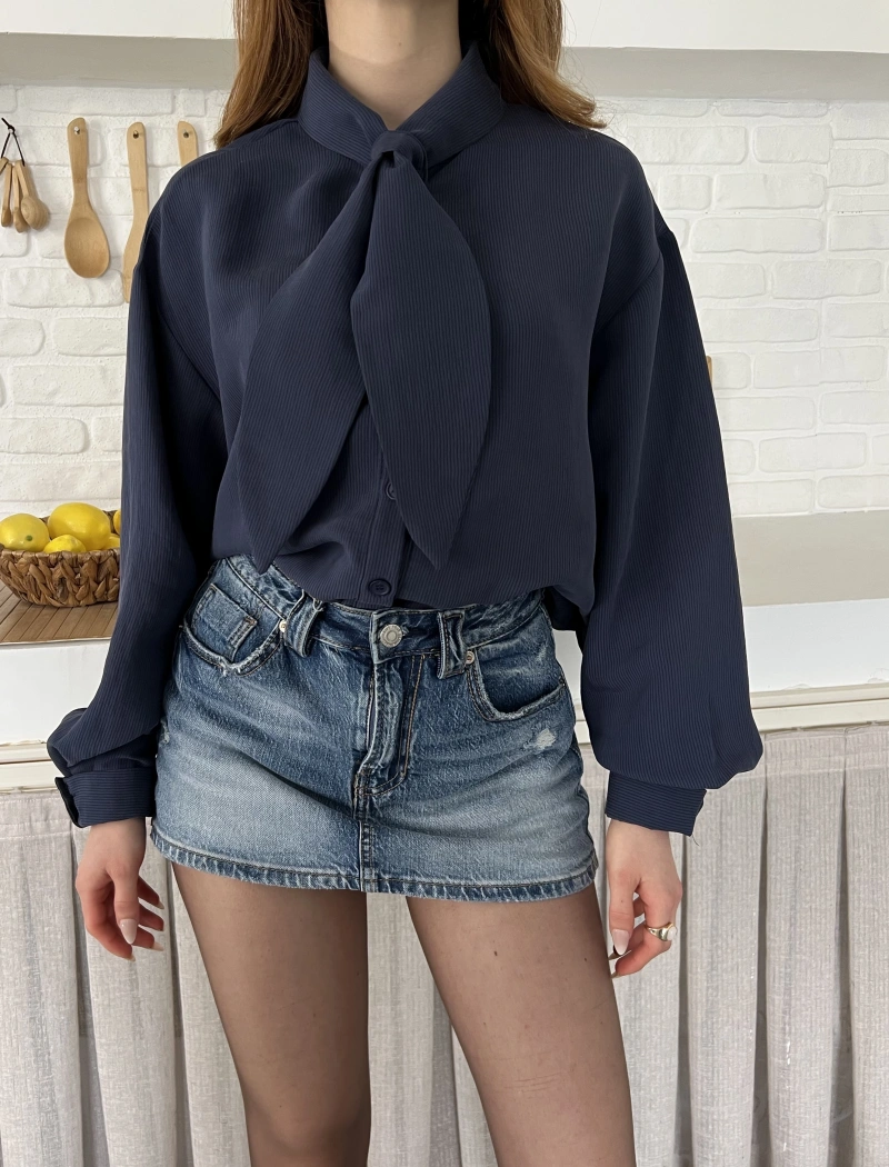 Fular Yaka Detaylı Oversize Gömlek Lacivert