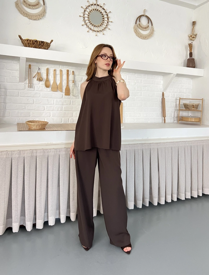 Modern Halter Yaka Tasarım Takım Kahve