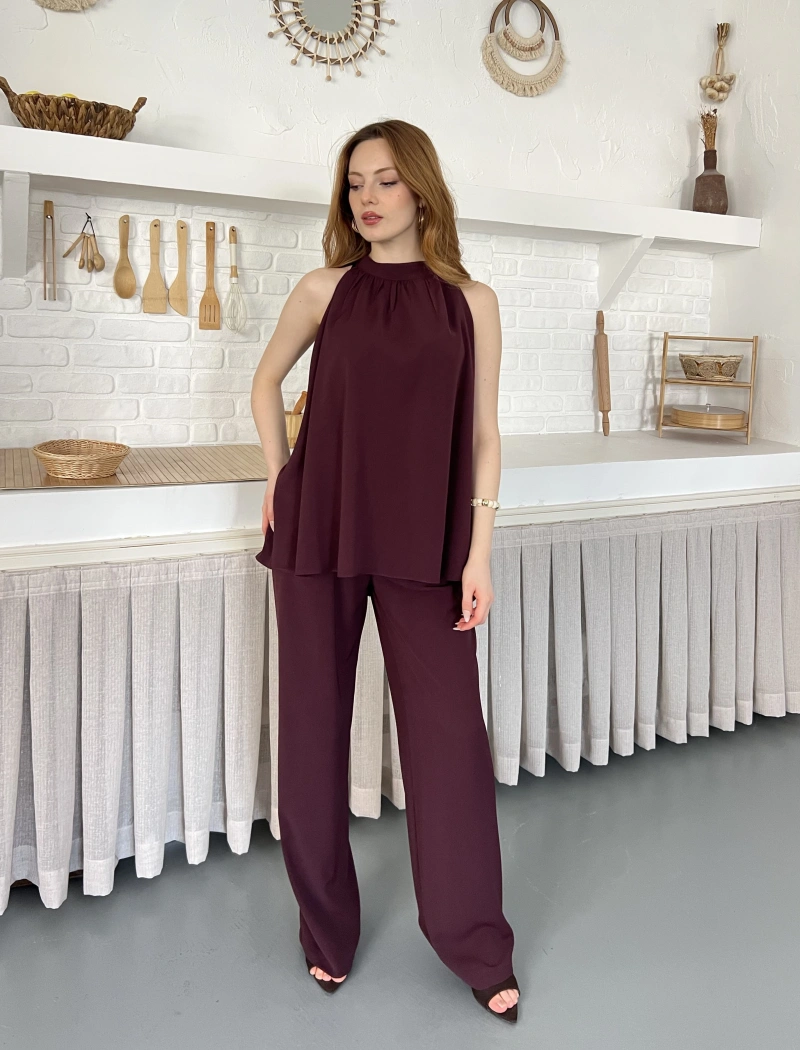 Modern Halter Yaka Tasarım Takım Bordo