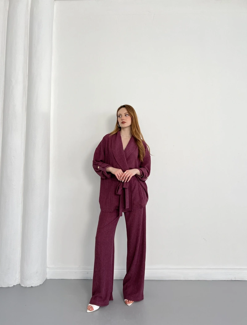 Bürümcük Bel Bağlamalı Kruvaze Yaka Tasarım Takım Mürdüm