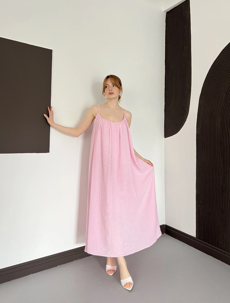 İp Askılı Astarlı Muslin Elbise Pembe
