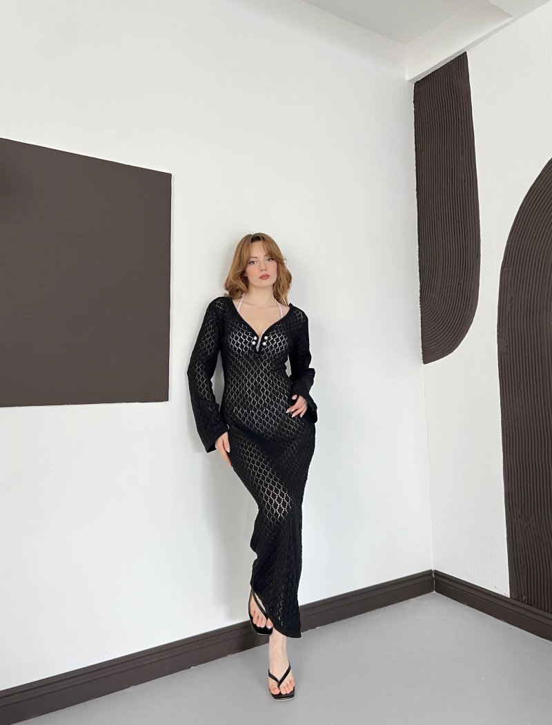 Pencere Detaylı Ajurlu Triko Elbise Siyah