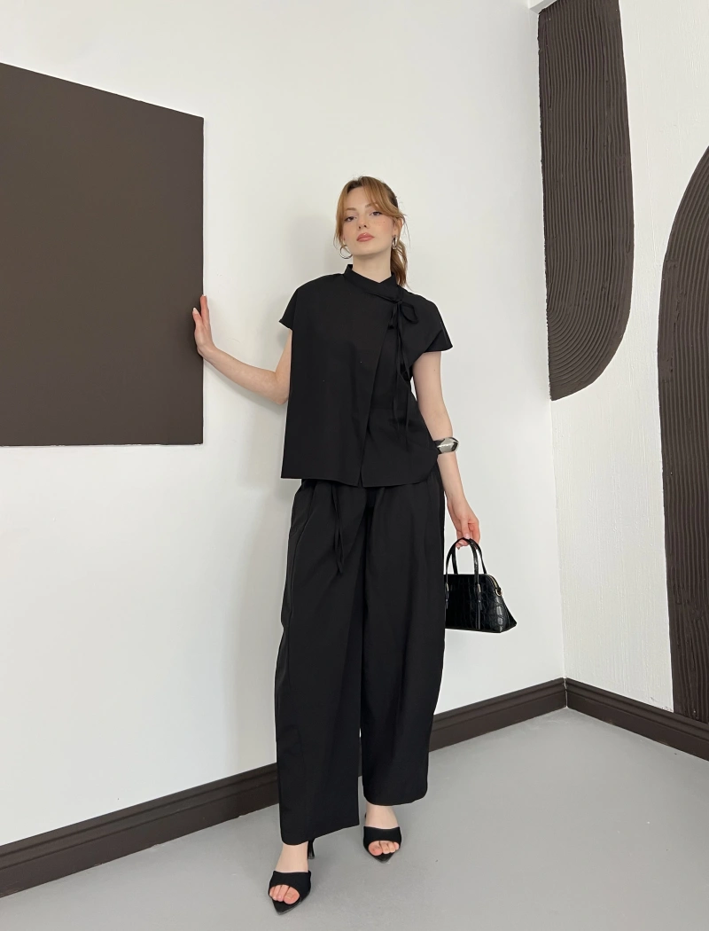Poplin Bağlama Detaylı Bluz-PAntolon Takım Siyah