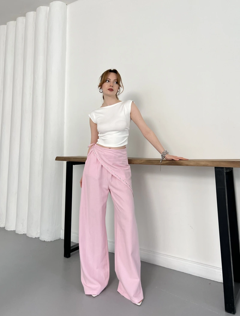 Fular Zımba Detaylı Keten Pantolon Pembe