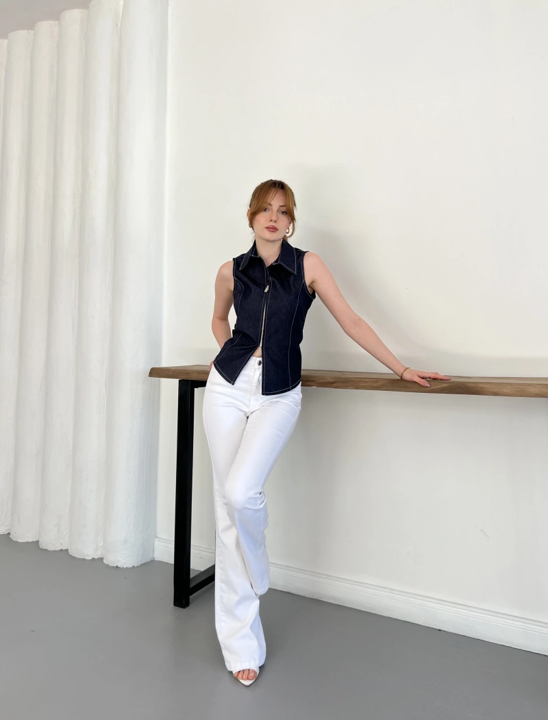 Fermuar Detaylı Denim Bluz Lacivert