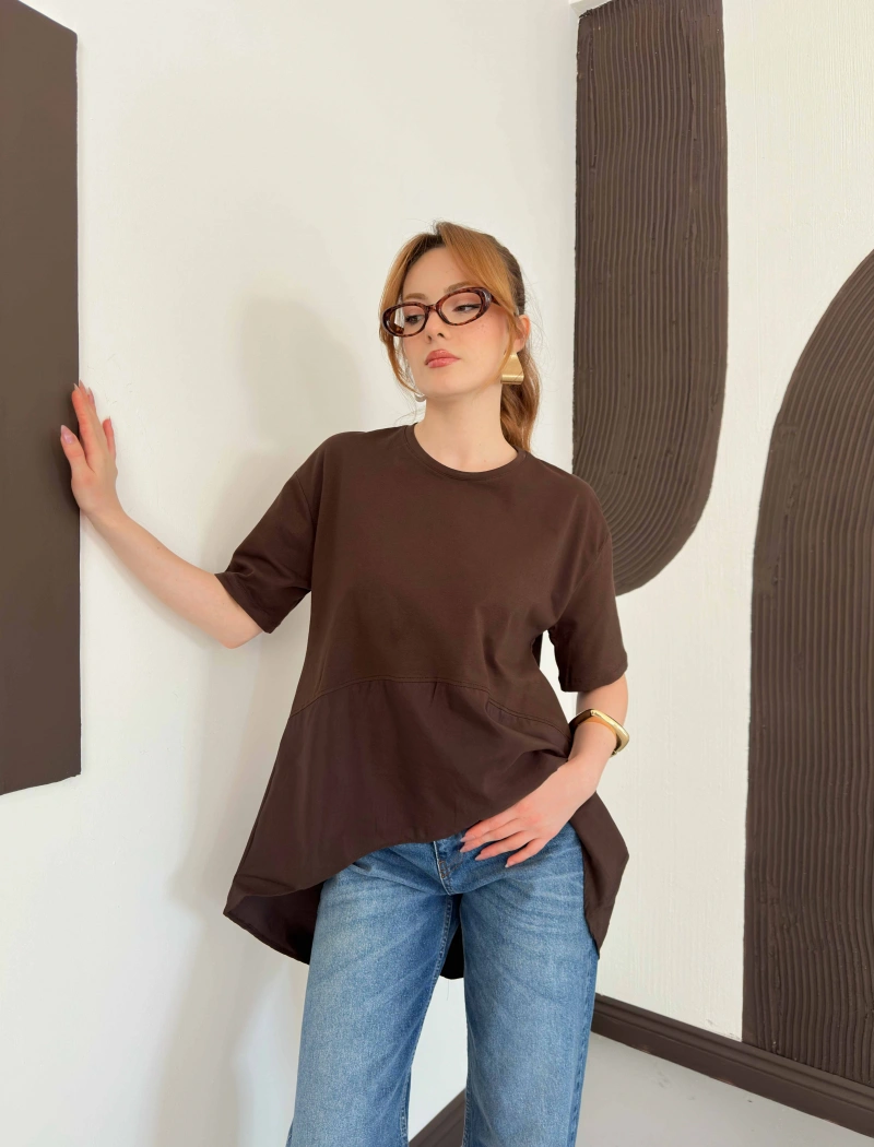 Modal Kumaş Garnili Asimetrik Oversize Tişört Kahve