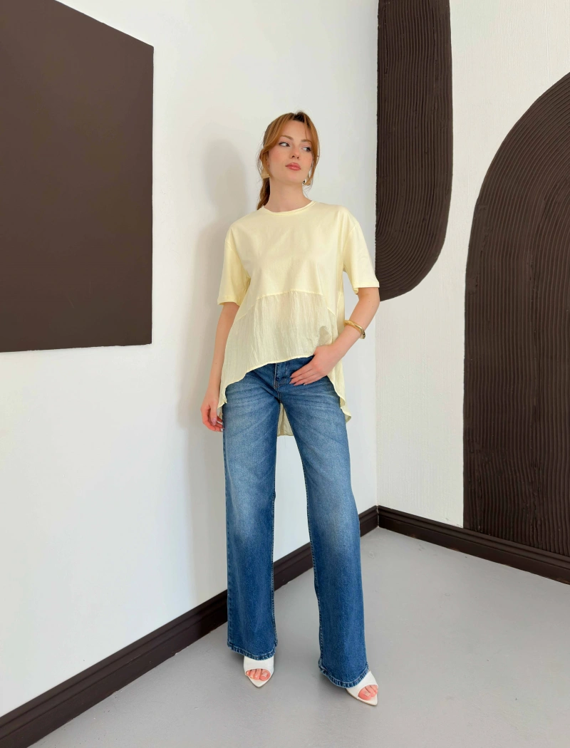 Modal Kumaş Garnili Asimetrik Oversize Tişört Sarı