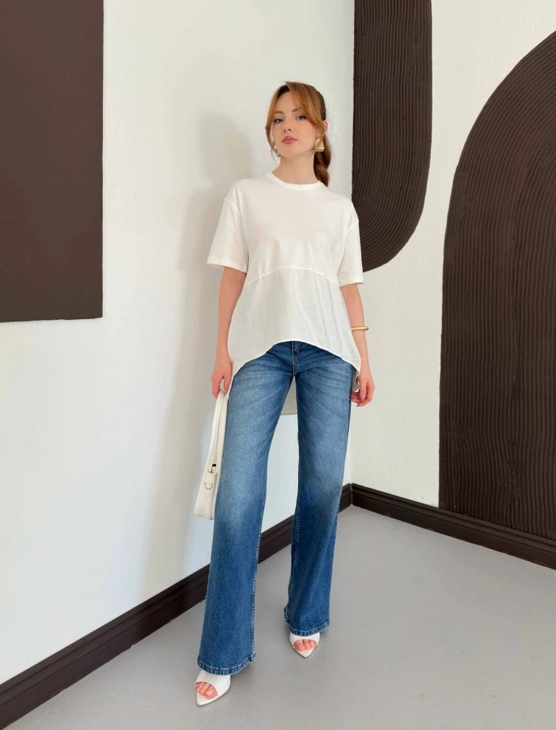 Modal Kumaş Garnili Asimetrik Oversize Tişört Ekru