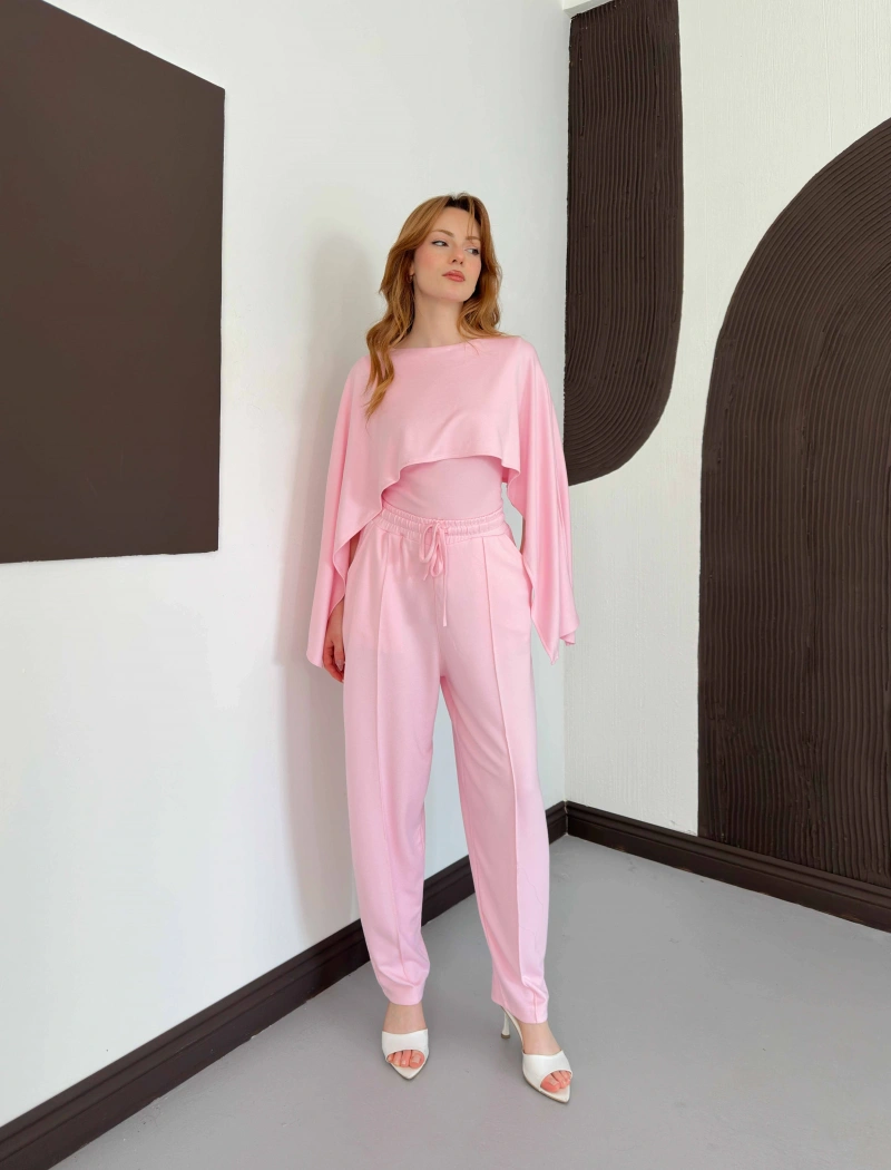Pelerin Detaylı Bluz Bel Lastikli Pantolon Takım Pembe
