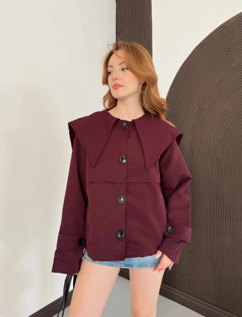Bebe Yaka Crop Trenç Bordo