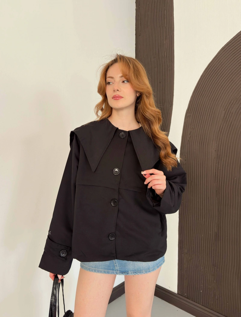 Bebe Yaka Crop Trenç Siyah