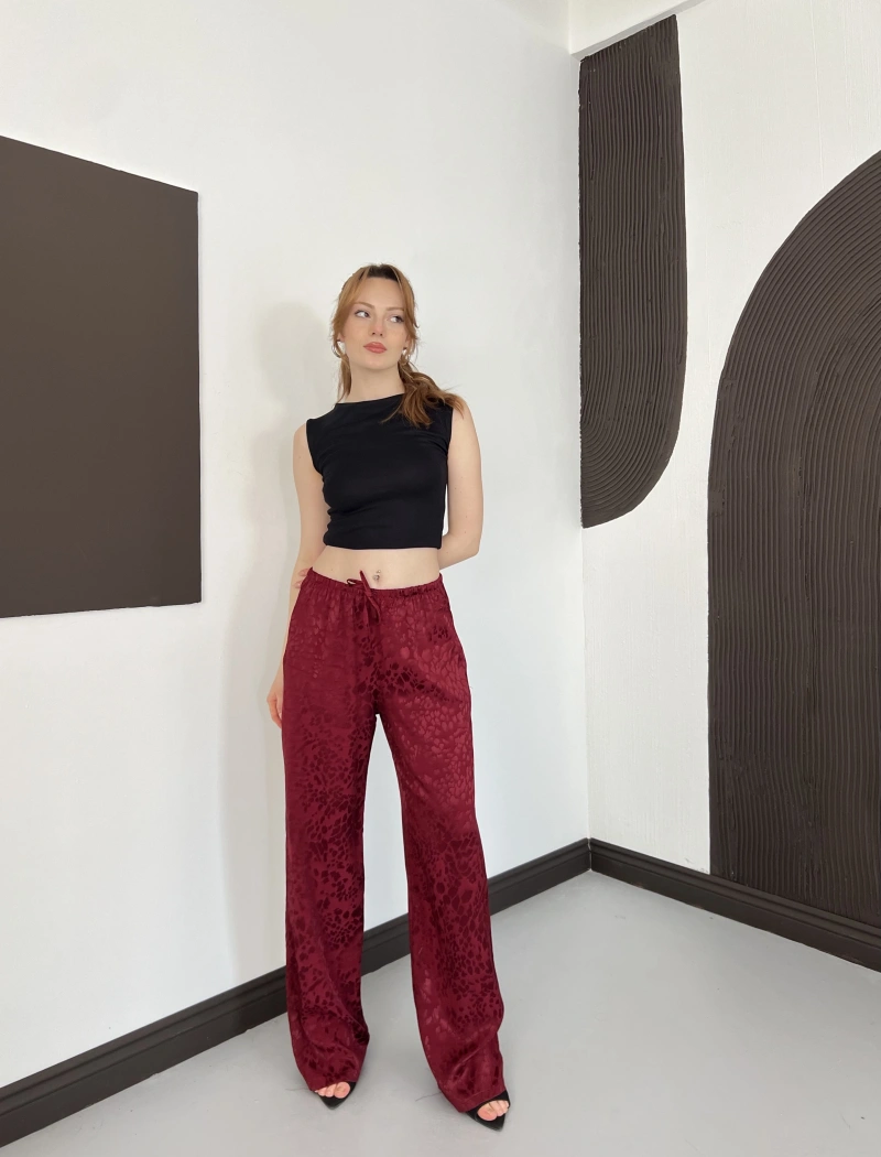 Bel Lastikli Leopar Desen Pantolon Bordo