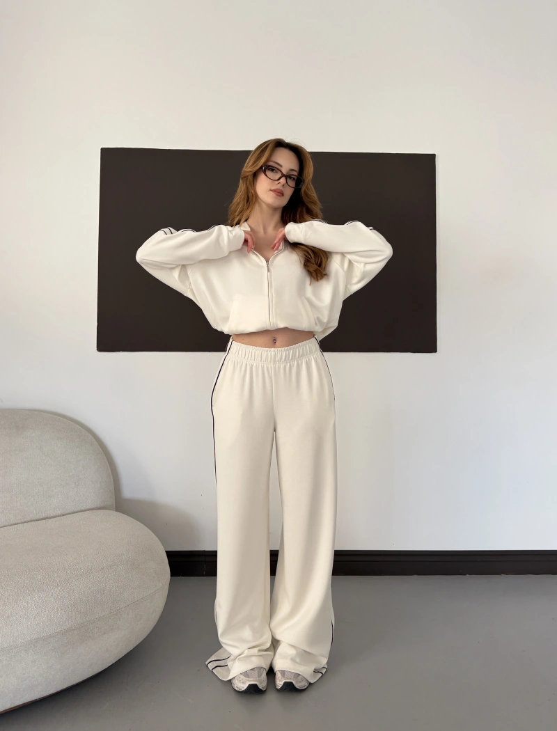 Biye Detaylı Kapüşonlu Oversize Takım Ekru