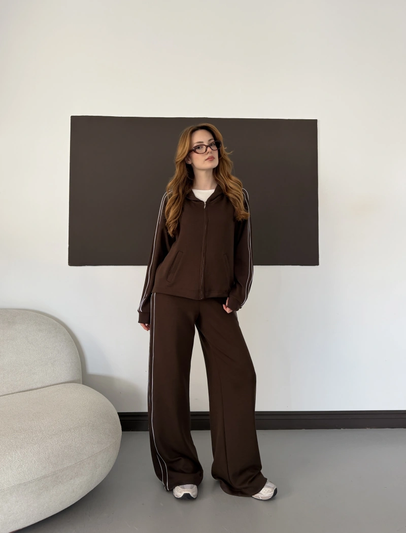 Biye Detaylı Kapüşonlu Oversize Takım Kahve