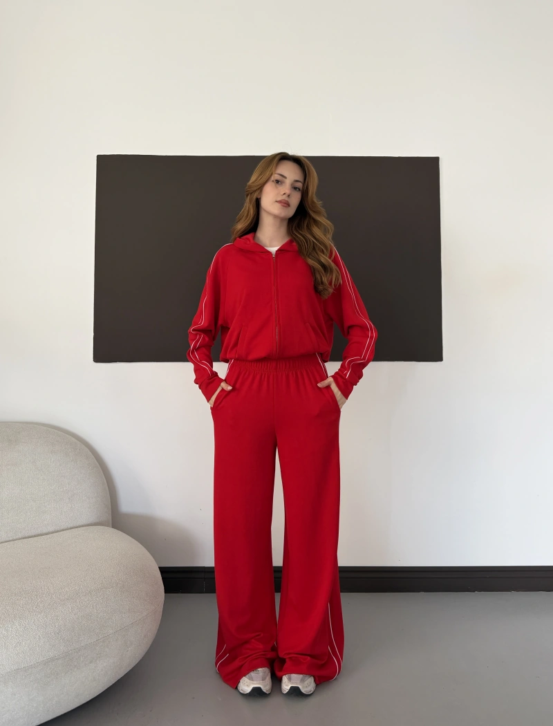 Biye Detaylı Kapüşonlu Oversize Takım Kırmızı