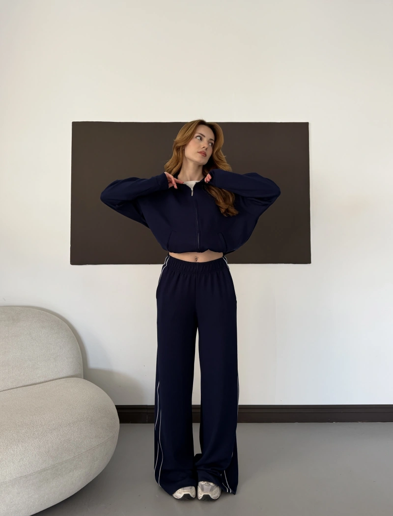 Biye Detaylı Kapüşonlu Oversize Takım Lacivert